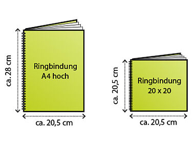 Stilisierte Ringbindung Fotobücher. Links A4 hoch, rechts im quadratischen Format 20,5 x 20,5 cm